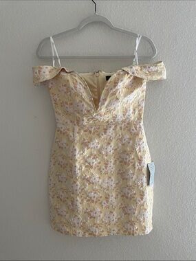 Lulu's Pale Yellow Floral Off-Shoulder Mini Dress
